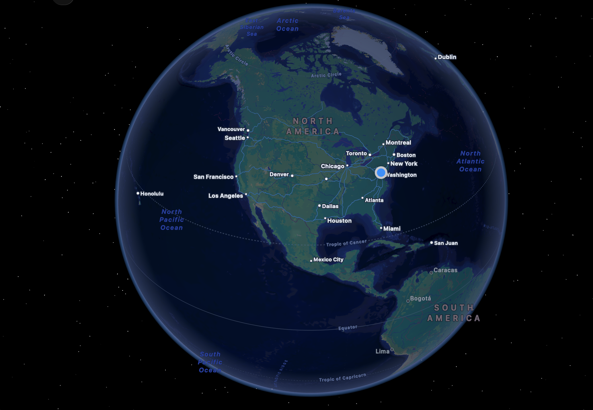 north america globe view